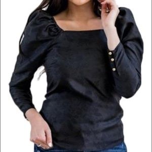 Rachel Parcell Puff Sleeve Jacquard Satin Top In Black XS
